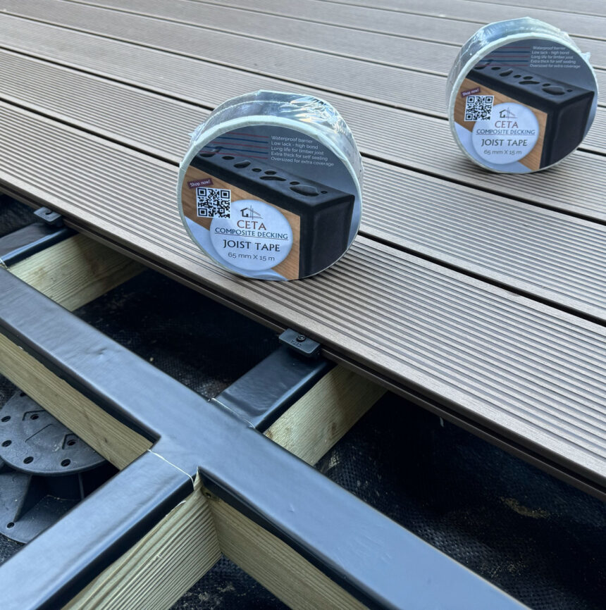 Joist tape seals the top edge of the frame where water would otherwise sit.