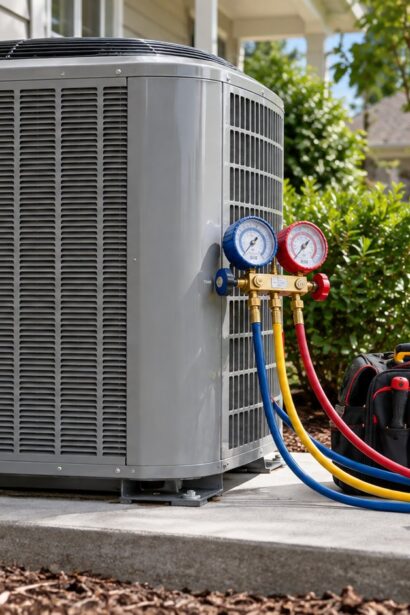 Air conditioning condenser with repair gauges and HVAC maintenance tools