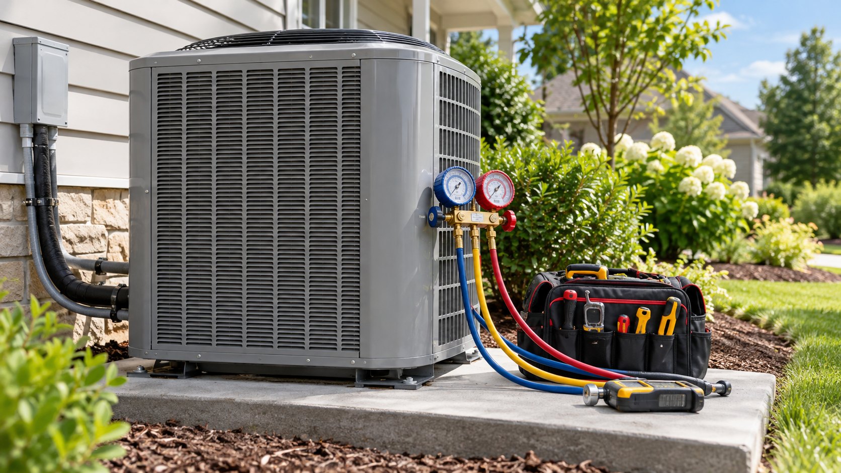 Air conditioning condenser with repair gauges and HVAC maintenance tools