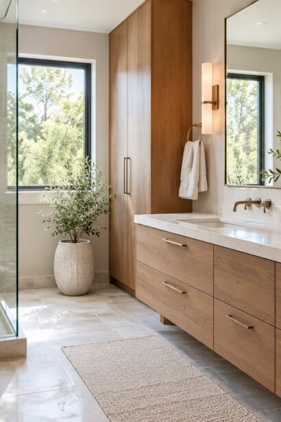 Remodeled bathroom with glass shower, wood vanity and stone tiles