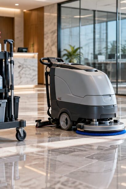 Commercial cleaning trolley and floor cleaning machine in a modern office