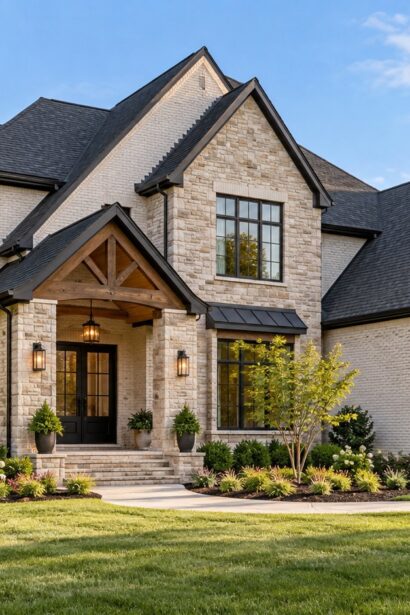 Illustration of a custom-built home with brick and stone exterior