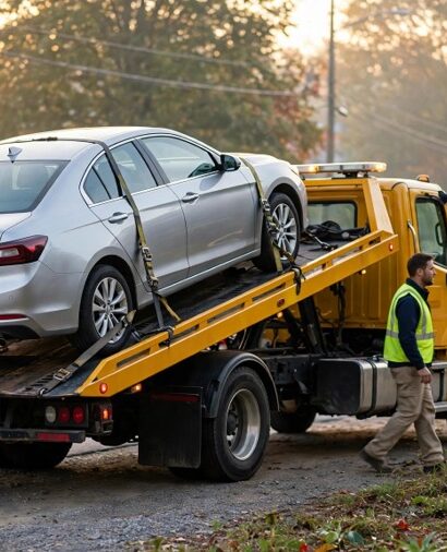 Flatbed tow truck with a car secured on the bed along a Northern Virginia road at sunrise