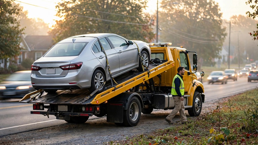 Flatbed tow truck with a car secured on the bed along a Northern Virginia road at sunrise