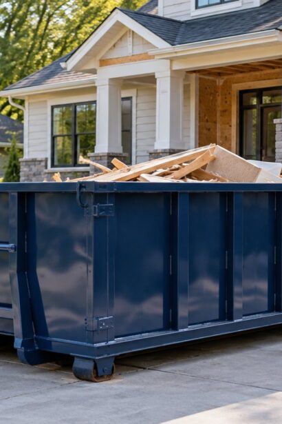 Roll-off dumpster for renovation waste removal at a residential property