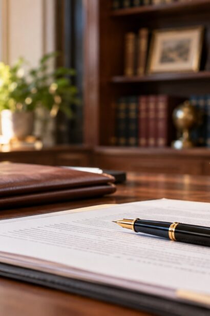Estate planning paperwork and a house model on an attorney desk
