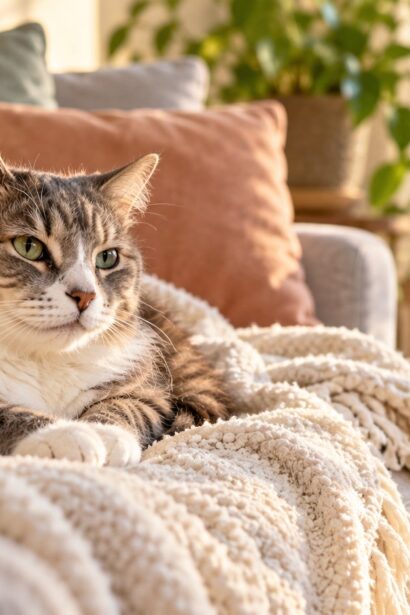 Cat resting comfortably at home beside a veterinary care bag