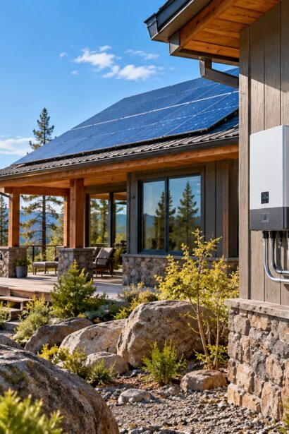 Off-grid solar power installation with home battery storage and inverter
