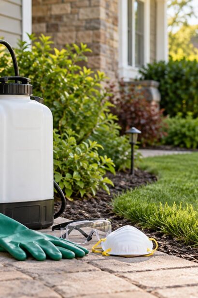 Professional pest control sprayer and safety equipment beside a home garden