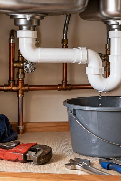 Residential plumbing pipes with repair tools and a bucket catching a leak