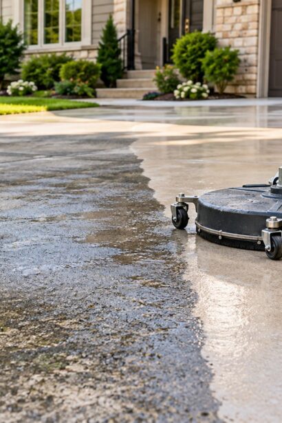 Pressure washing equipment cleaning a residential concrete driveway