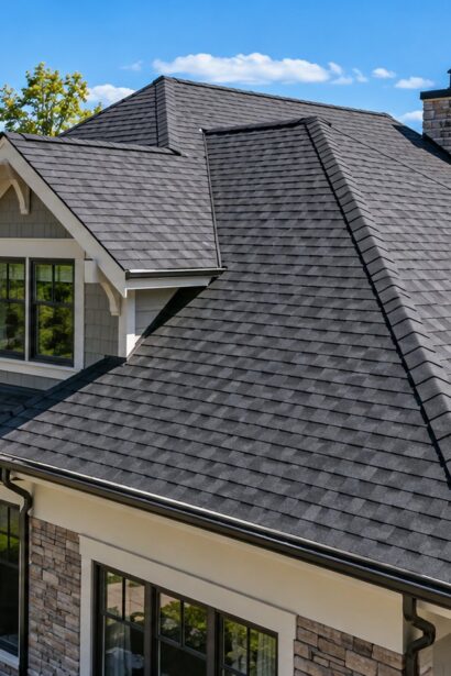 Newly replaced residential roof with weather-resistant shingles