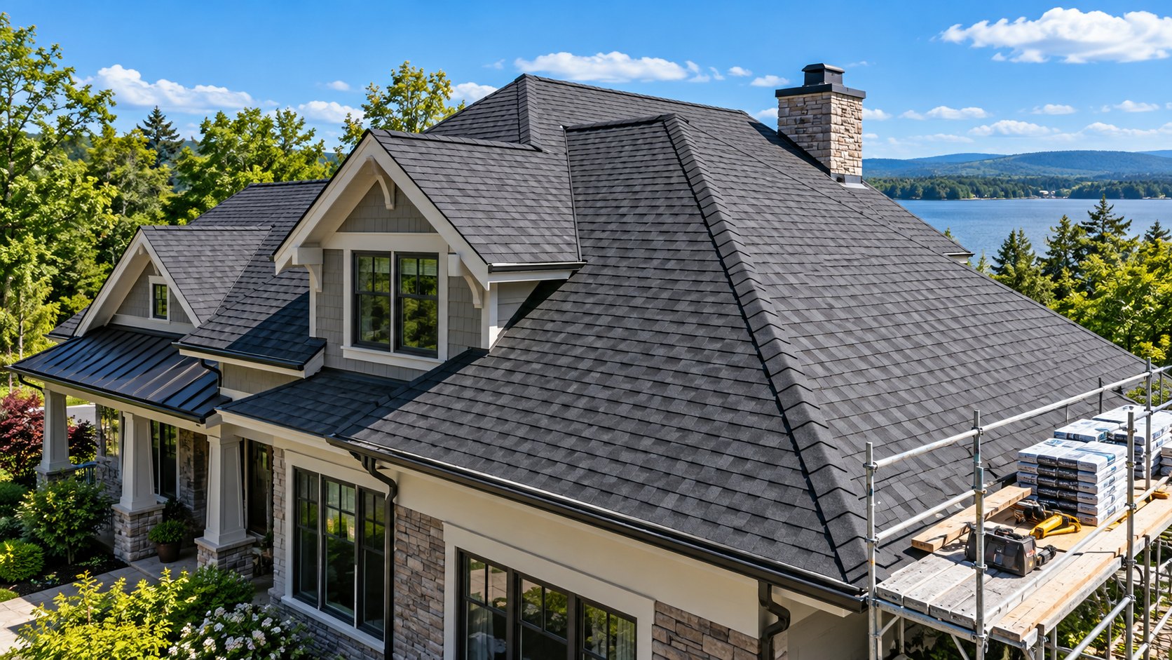 Newly replaced residential roof with weather-resistant shingles