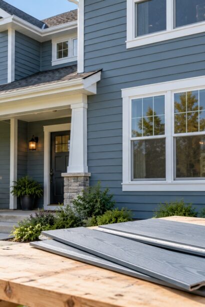 Freshly installed lap siding on a home exterior with siding samples