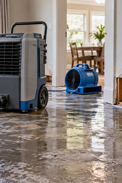 Water damage restoration equipment drying a flooded home interior