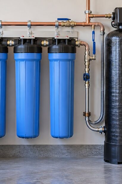 Whole house water filtration system connected to residential water pipes
